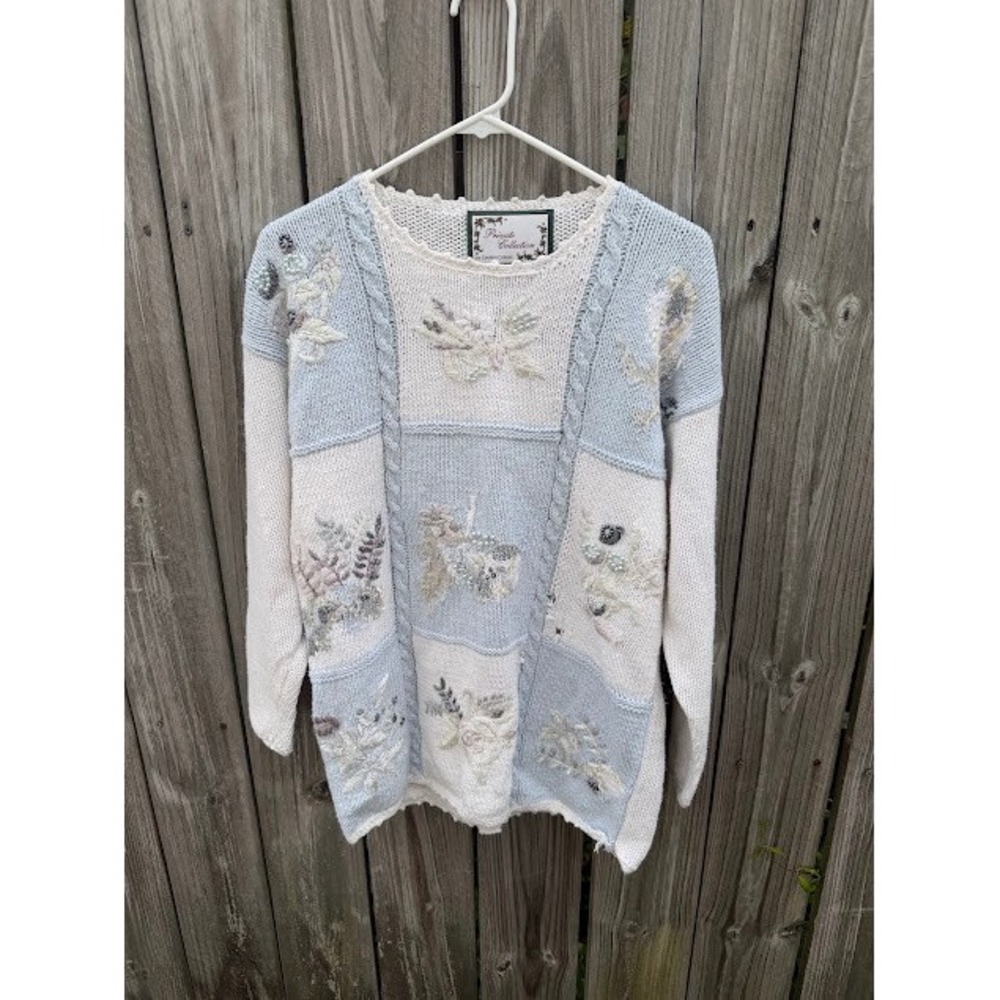 Cottagecore Grandmacore Private Collection Sweater S Blue Cream Patchwork Floral
